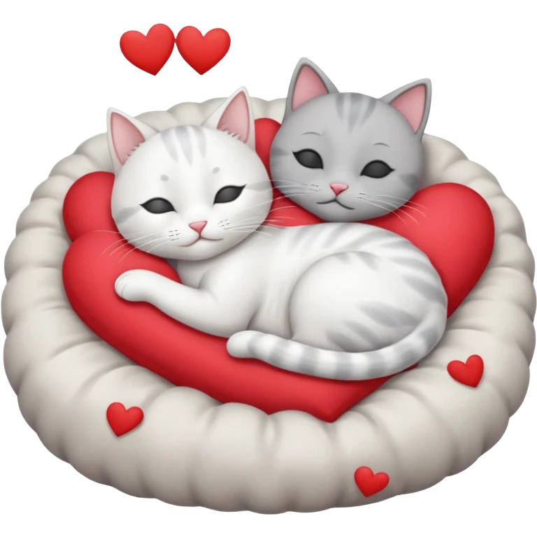 White cat and gray cat sleeping together in a bed full of hearts emoji
