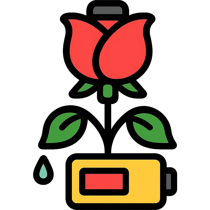 Battery shaped like a rose flower with wilting petals and low power indicator emoji