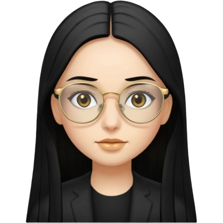 A girl with straight long black hair, hazel eyes and gold-black glasses emoji