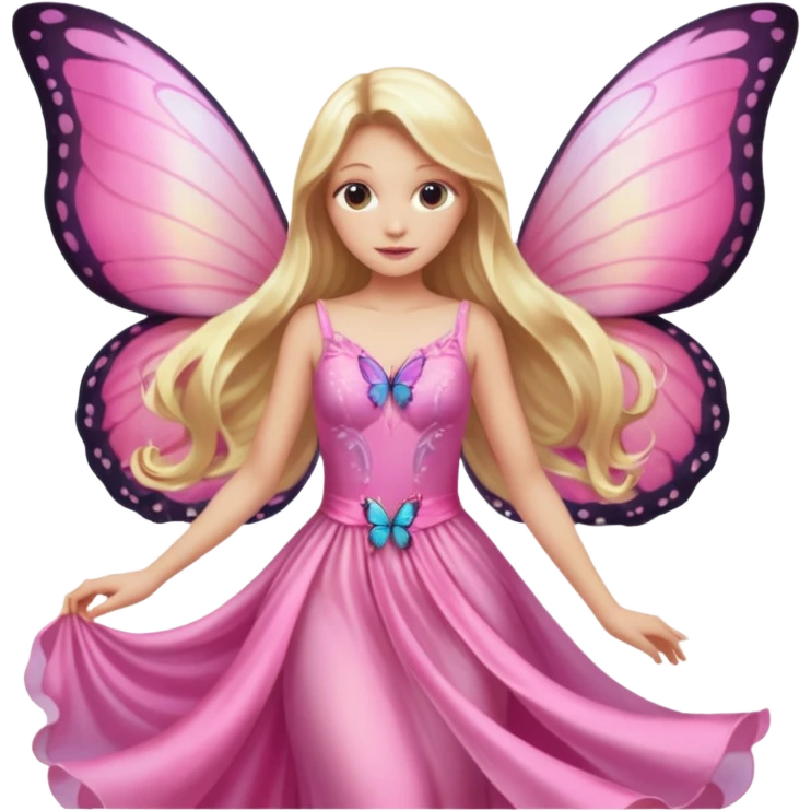Detailed pink dress, long blonde hair, pink butterfly wings emoji