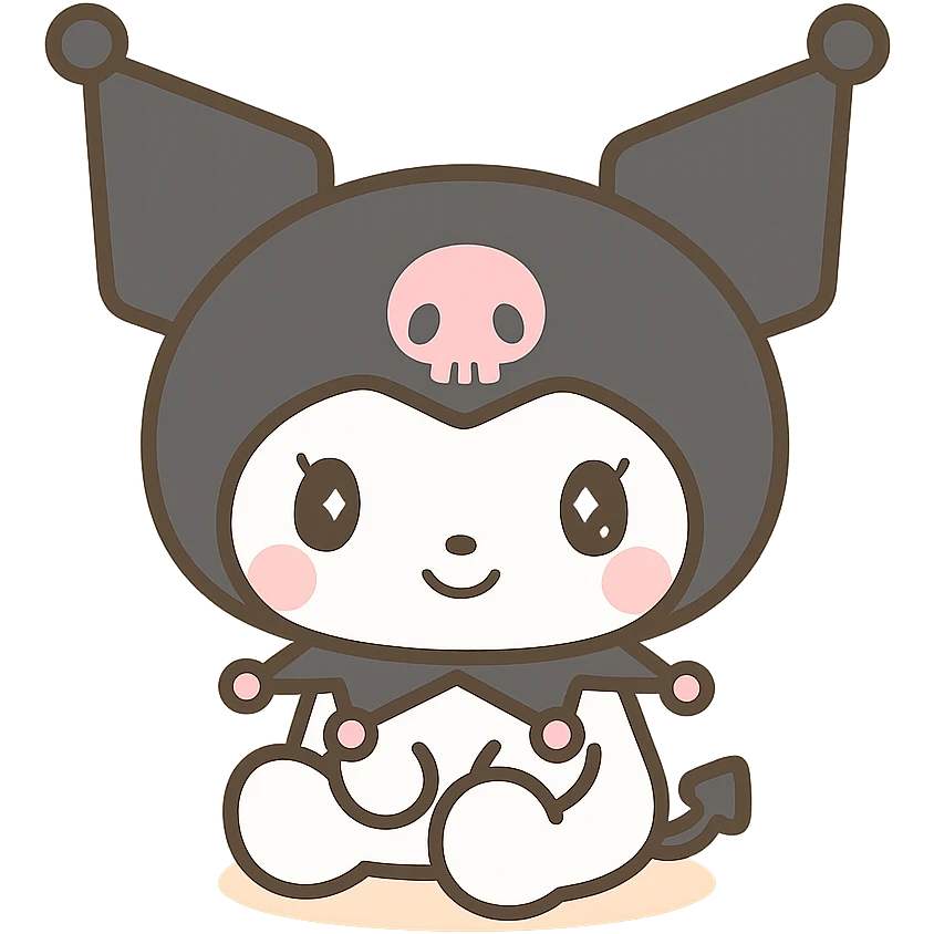 Kuromi character sitting pose, kawaii style, transparent background emoji