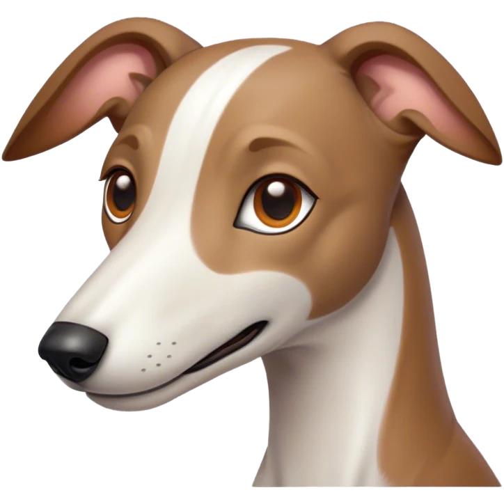 Cinematic Cute White and Brown Greyhound Portrait Emoji, Head tilted playfully and inquisitively, featuring a smooth white Fur with vibrant brown accents and round, sparkling eyes filled with curiosity, Simplified yet irresistibly adorable features, highly detailed, glowing with a warm, friendly glow, high shine, affectionate and nimble, stylized with a touch of whimsy, bright and endearing, soft glowing outline, capturing the essence of a mischievous yet loving racer, so playful it feels like it could sprint out of the screen and into your arms! emoji