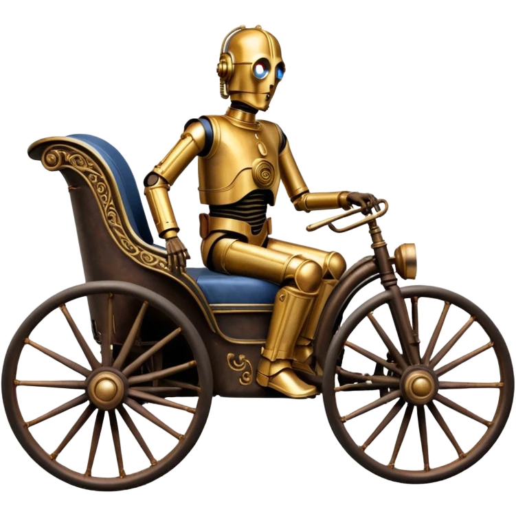 Old rust American West tarnished C-3PO policeman in 1864 delicately ornate rosegold accents painted buggy powered by electric motors and batteries with safety features and belts  emoji