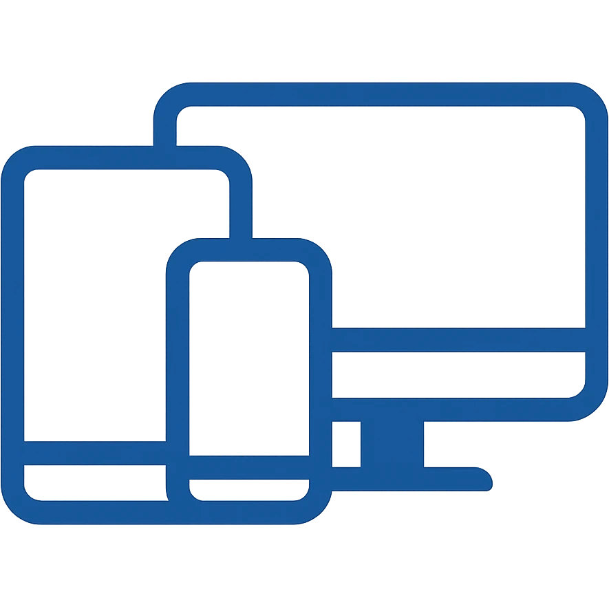 Transform the icon into a 'Devices' icon featuring a computer, phone, and tablet in a minimalistic, flat blue style consistent with previous icons. Use almost exclusively shades of blue with clean, simple lines. Prioritize clarity, recognizability, and consistency with other icons. Keep the background fully transparent and minimize use of any other colors. emoji
