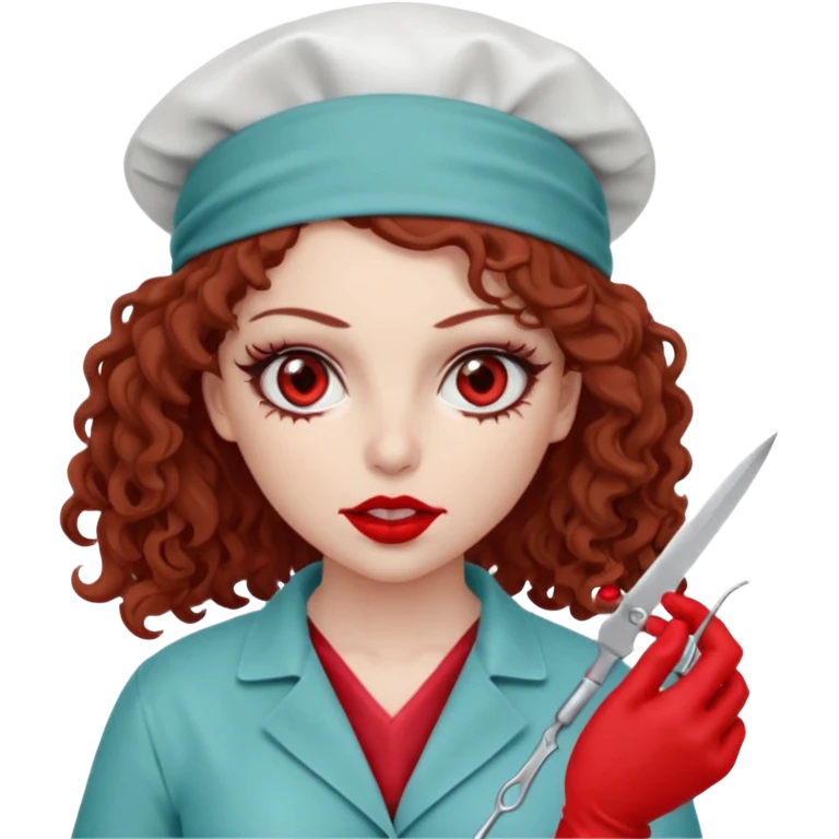 Scary woman scalpel in hand, evil surgeon sexy surgeon clothes.  She has red eyes. Her  brown long curly hair. Wears sexy doctor outfit with red gloves. Only uses red bandanna  to hide her face mouth with red bandana to hide her identity emoji