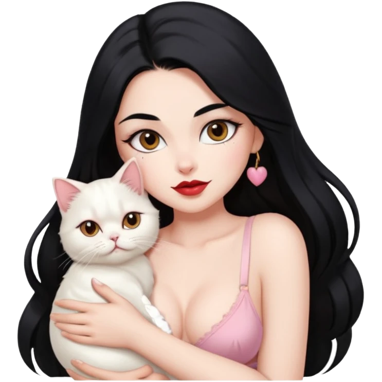 Beautiful Girl Long Hair black, Brows Big , Skin White, bra Pale Pink , Big Red Lips, EyesCoffe , Hug Little baby Persa Cream Cat With Cute Eyes emoji