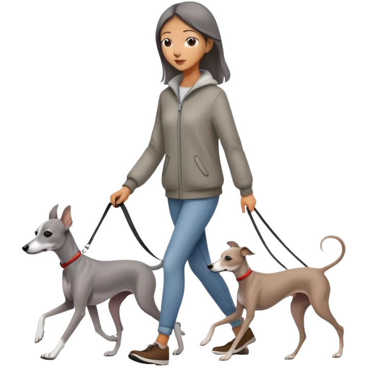 Beautiful Asian girl walking a solid grey Italian greyhound with absolutely no white markings, completely grey dog emoji