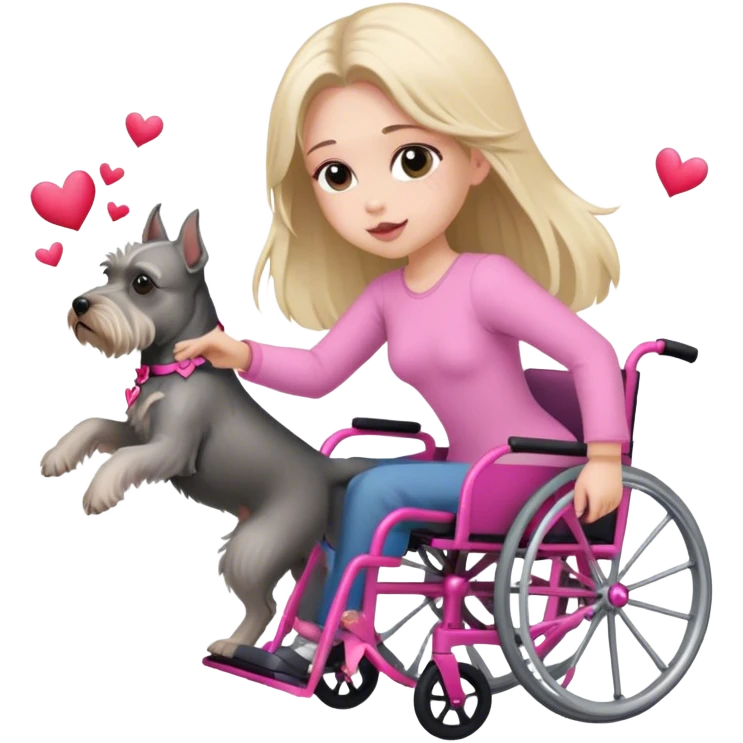 Pink wheelchair with girl and long blond hair throwing hearts with  mini schnauzer following  emoji