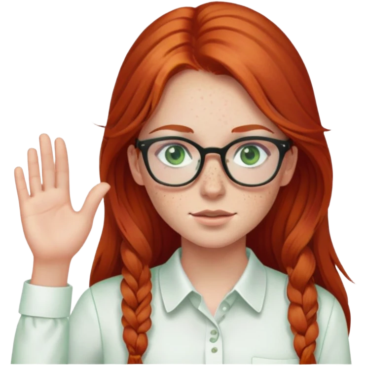 red-haired girl, long hair, green eyes, freckles, glasses, white shirt, emoji