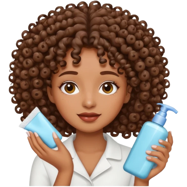 Menina na cor parda, com os cabelos bem cacheados e fazendo o movimento col produtos na mão limpando e cuidando do rosto emoji