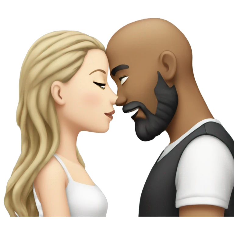White girl dark hair kissing mixed bald man with beard emoji