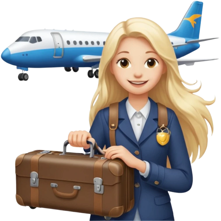 Девушка со светлыми длинными волосами счастливая с чемоданом в руках на фоне самолета emoji