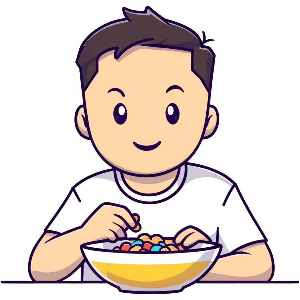 Elon Musk eating a bowl of cereal, tech entrepreneur with short dark hair enjoying breakfast emoji