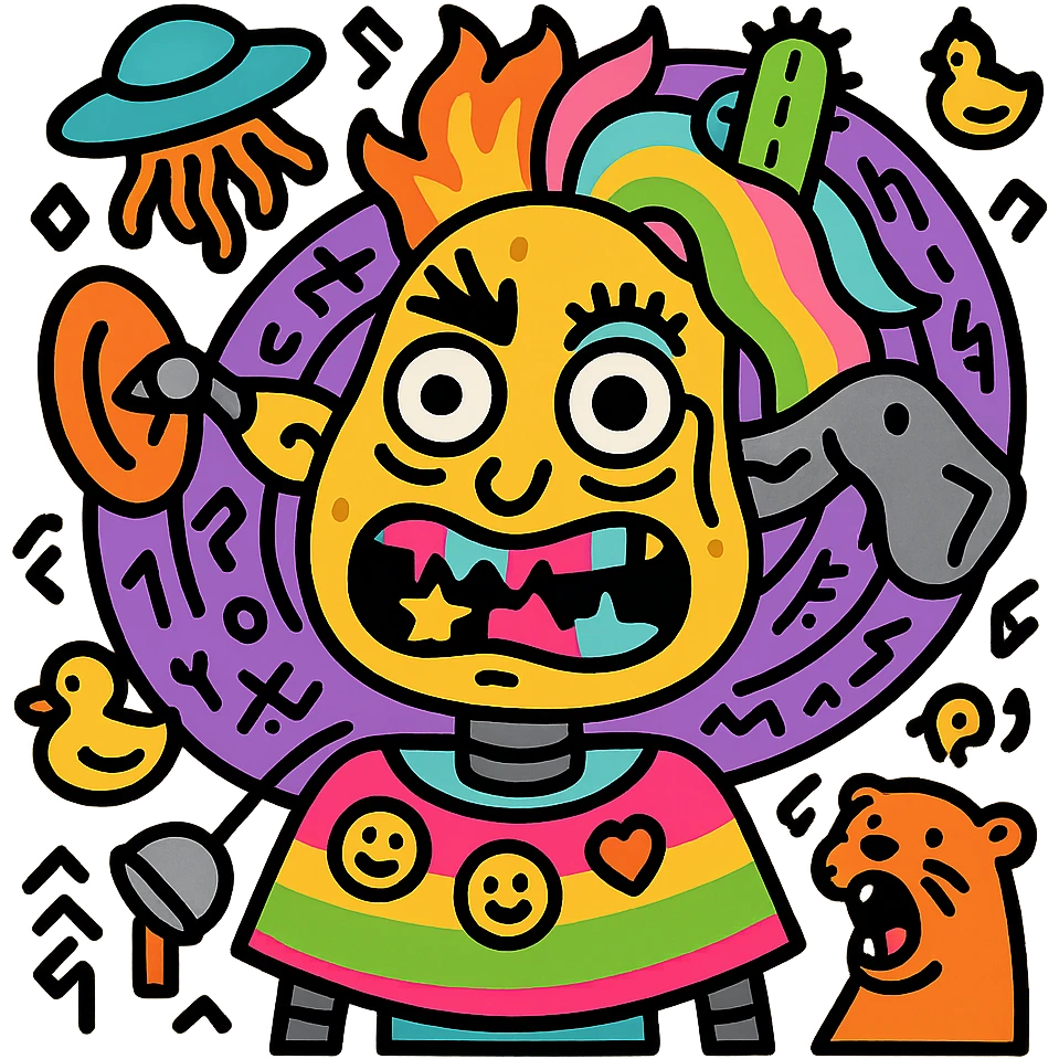 chaotic character with lumpy stretched potato face, mismatched eyes, glitching mouth, star teeth, big nostril, wild eyebrows, satellite dish and sock puppet ears, half fire half pastel rainbow hair with cactus wearing monocle, UFO dropping spaghetti, robotic body in neon poncho with floating emojis, vortex background with rubber ducks, runes, screaming ferret emoji