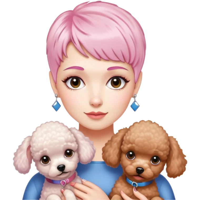 short pixie bangs platinated woman pink hair no bang，fair-skinned ,holding two poodles emoji