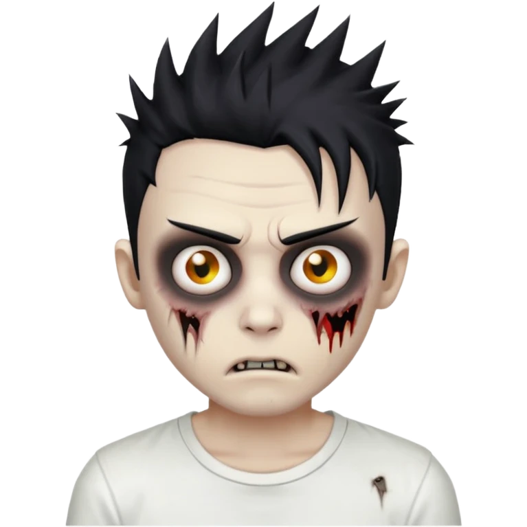 zombie boy with wild spiky hair, white shirt, dark circles under eyes, emoji style emoji