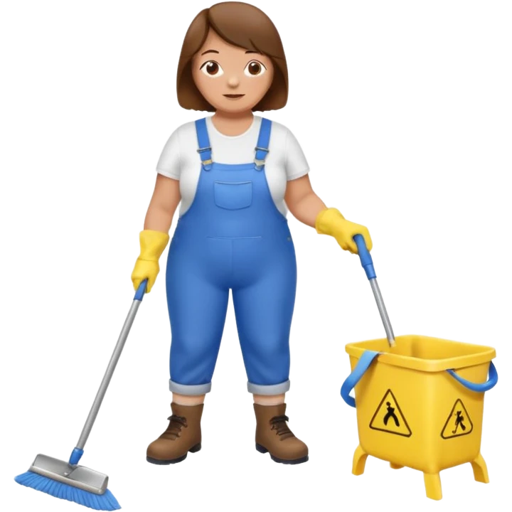 old and fat women, brown hair, Custodian with yellow rubber gloves, white T-shirt, blue overalls, mopping floor emoji