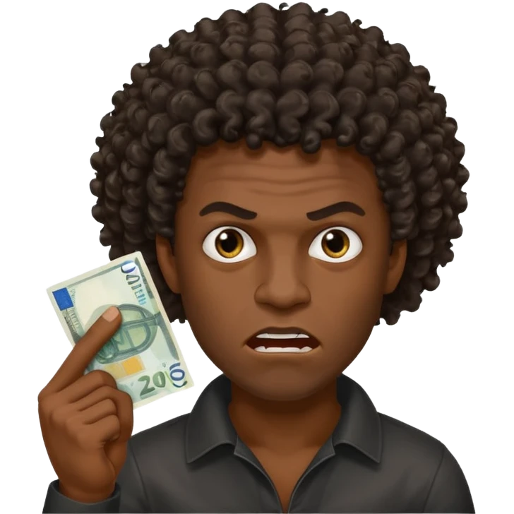 create a blackman holding 20 euro bill and looking like evil very evil curly hair that points upwards emoji
