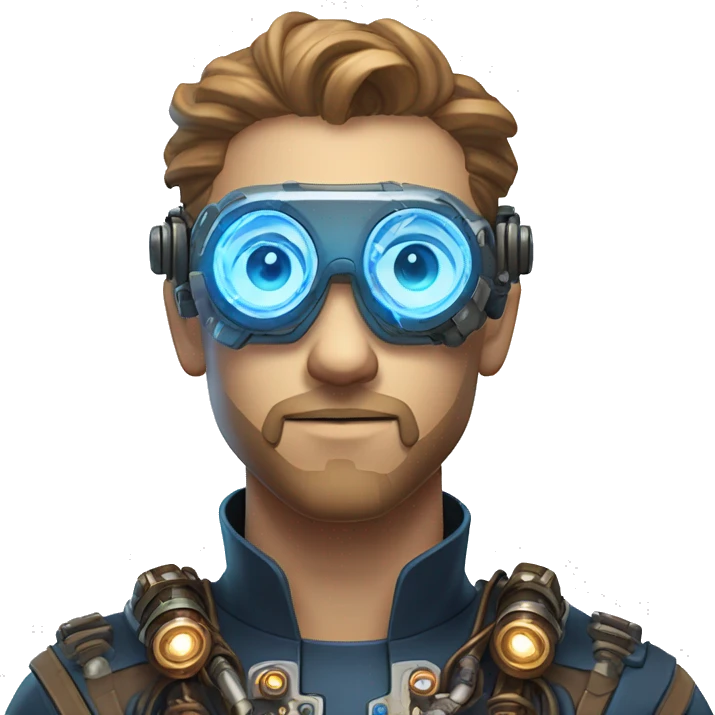 Male cyborg head with light brown hair, light brown beard, blue glowing steampunk goggles, circuits, wires  emoji