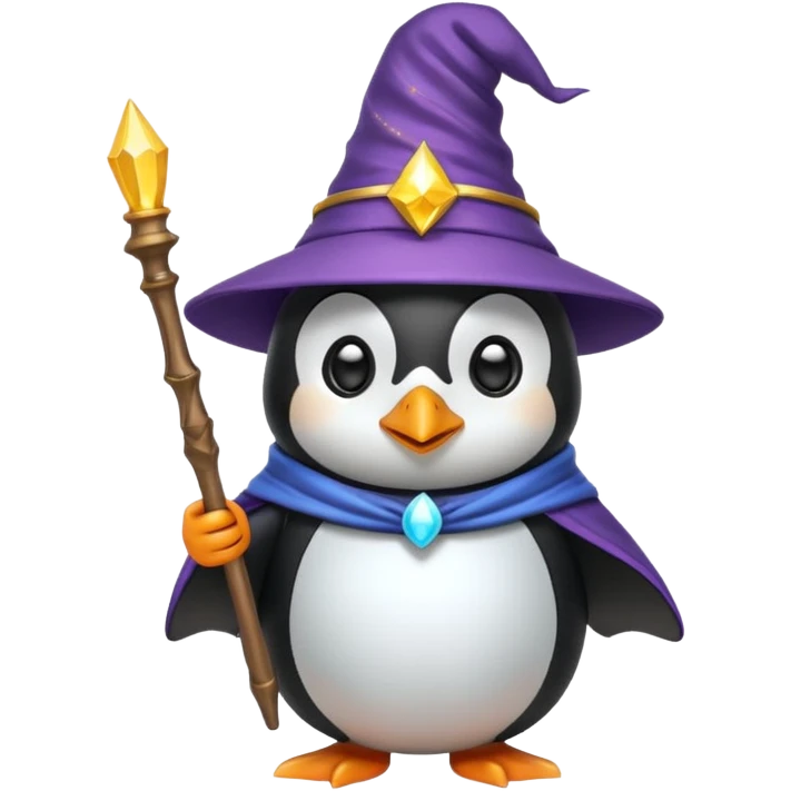 penguin dressed as a wizard with a pointy hat and a magic wand, fun emoji style emoji