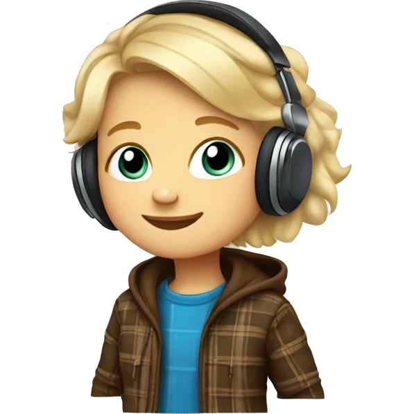 plaid brown jacket on Cubby, blonde, little kid with blue eyes and has headphones on emoji