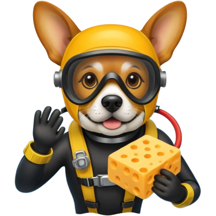 Dog scuba diving eating cheese emoji