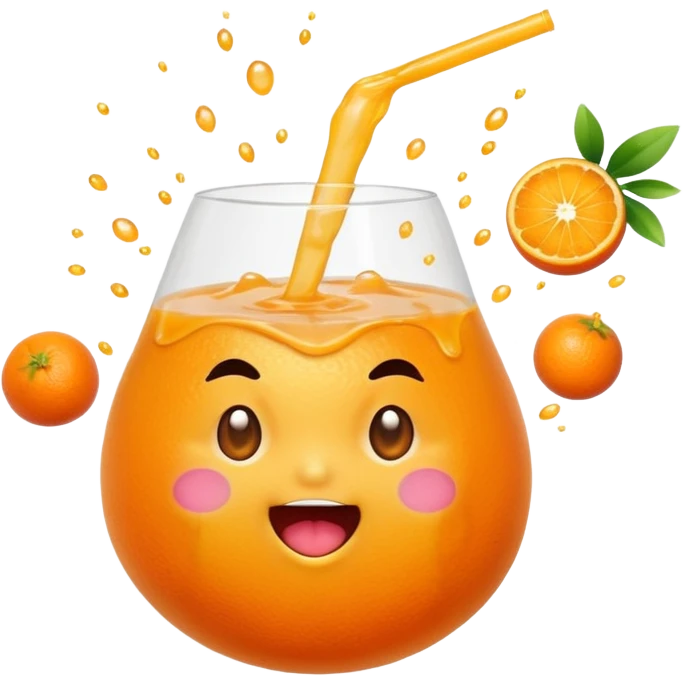 Cute mandarin emoji exploding with juice, chubby shape, sparkles, playful expression, kawaii style, transparent background. emoji
