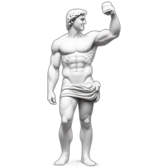 estátua dos pés a cabeça de um homem musculoso igual a Roma antiga. Mármore branco. Sem roupas. O bico do peito está em destaque, em seguida a V-Line da cintura. emoji