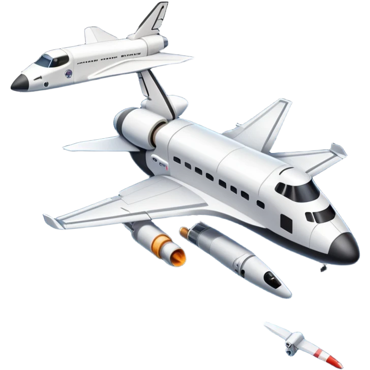 An icon featuring a space shuttle, a drone, and an airplane against a starry sky, symbolizing aerospace technology. The design includes rocket boosters and satellite orbits, representing the exploration of space and advanced aviation. Transparent background emoji