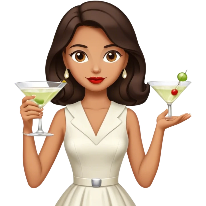 Beautiful woman in 1950’s woman fashion look, white dress, long dark brown hair, martini  emoji