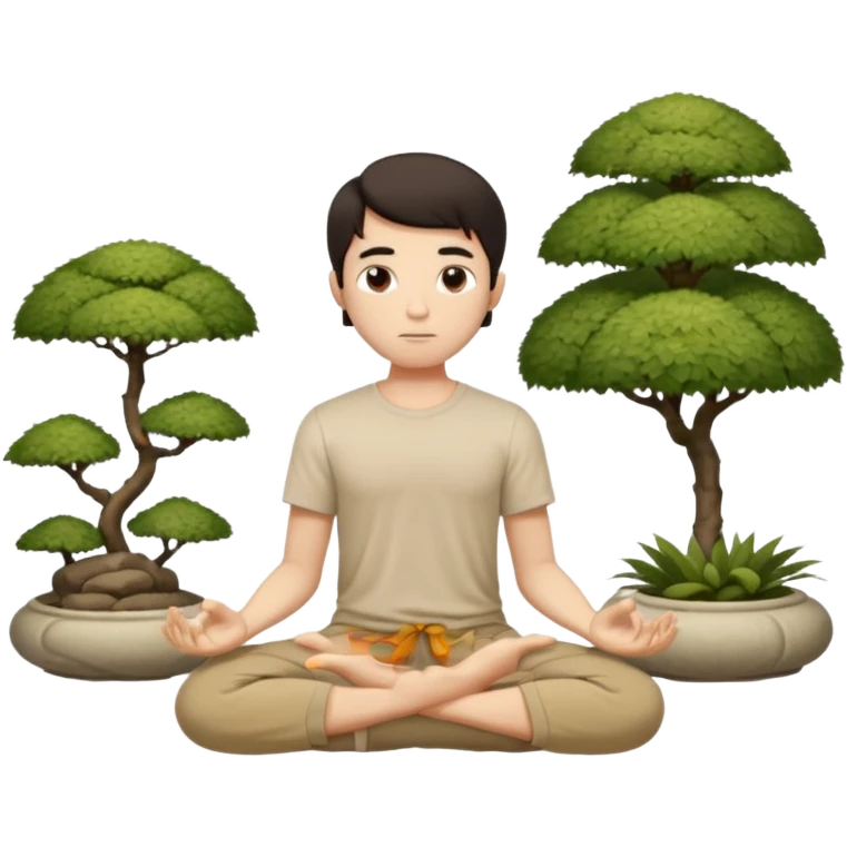 rapaz magro cabelo escuro, camiseta bege e  bermuda bege escuro, corpo inteiro meditando  num jardim oriental emoji