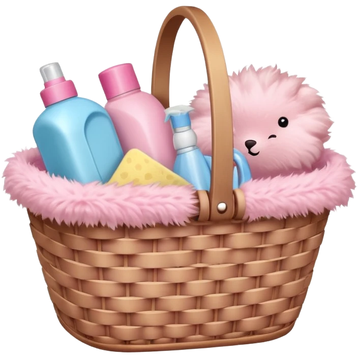 Basket with soft pink cleaning supplies emoji