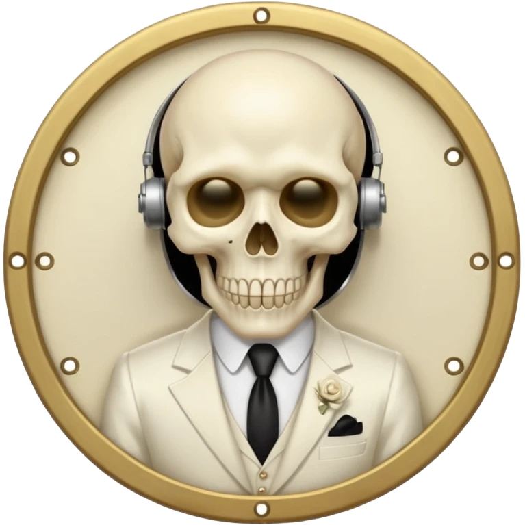 cinematic realistic - Megadeth icon - a gentleman in an ivory ethereal suit, with a skull instead of a head, and a metal plate with screws over his eyes instead of glasses emoji