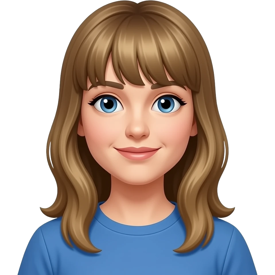 30 year old woman with bangs, long dark blonde hair, and  blue t-shirt emoji