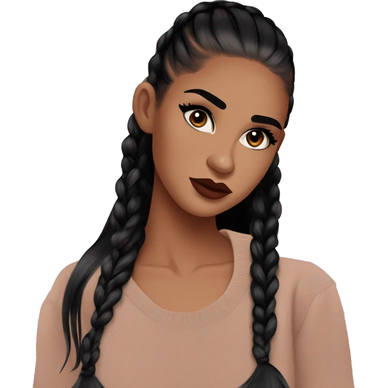 Alexa Demie from euphoria : warm brown eyes, bold black sharp eyeliner, sparkly rhinestones on eyes, dark arched brows, full nude-berry lips, light skin, high cheekbones, sleek dark brown long straight hair in ponytail.

 emoji