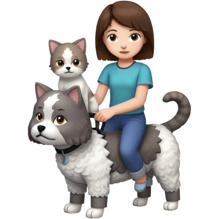 A grey cat standing on the back of a white bichon frisør dog, with a girl with short brown hair sitting beside playing Minecraft emoji