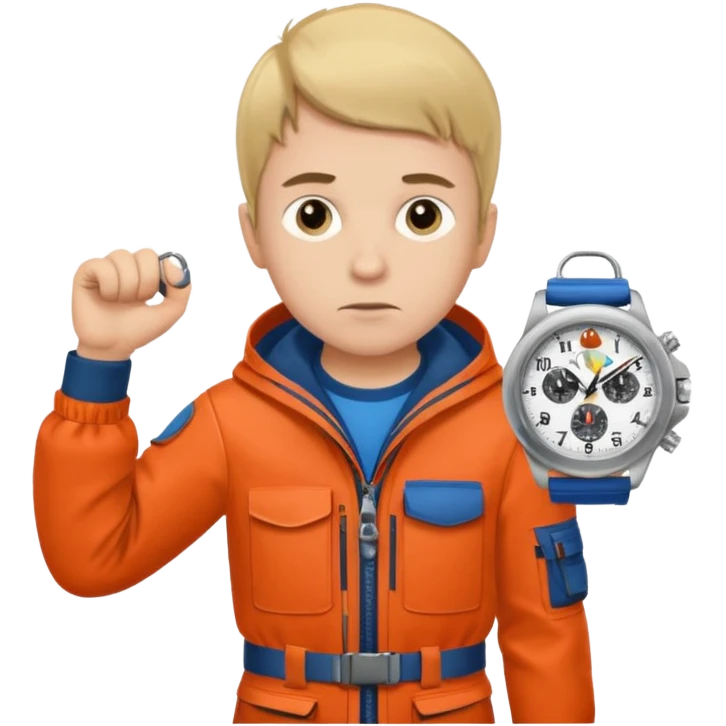 Boy in fishing suit looking at his wristwatch emoji