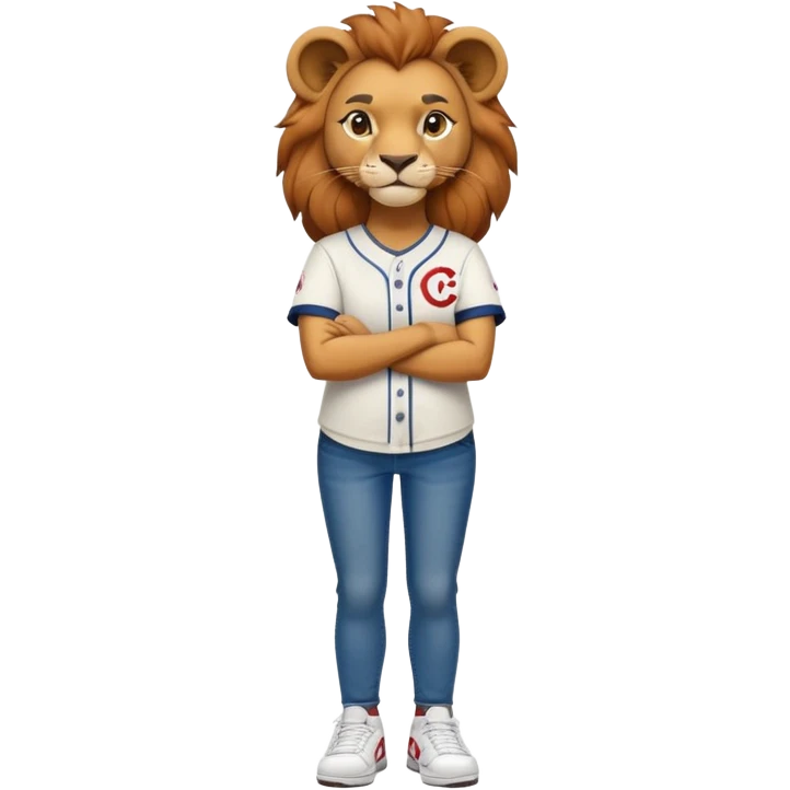 confident anthropomorphised female lion wearing a baseball shirt, jeans, trainers, standing with arms crossed, dominant pose emoji