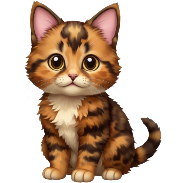 A high-resolution photo-realistic digital illustration of a brown multicoloured  tortoiseshell kitten, chest upward emoji