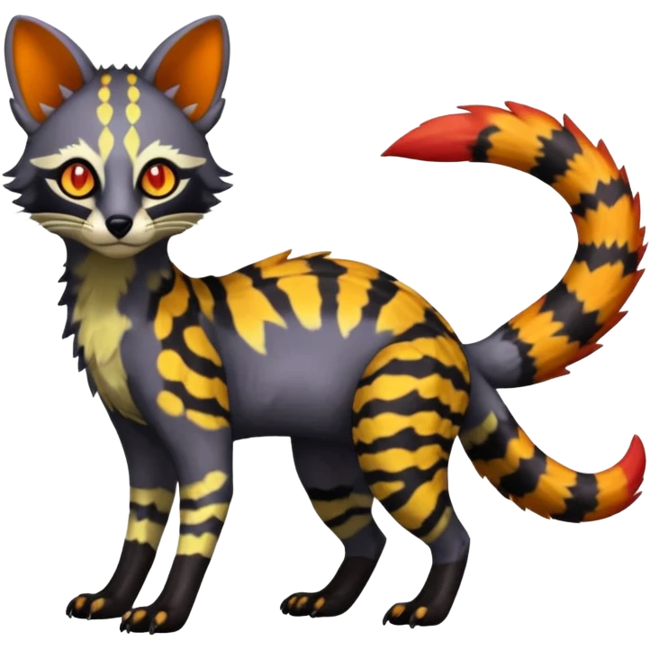 Rare warm-colored exotic edgy epic aesthetic gloomy spooky dark modern colorful cyber-Genet-Trico-species-Fakemon-hybrid-creature, with beautiful intricate markings, full body emoji