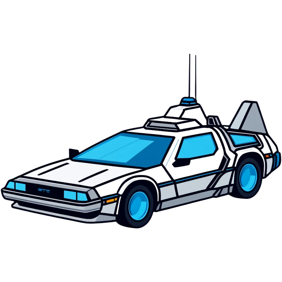 Top-down view of retro-futuristic hover car inspired by the DeLorean, open gullwing doors, silver metallic body with blue-tinted windows, stylized jet boosters in the back, flat vector style, outlined shapes, minimal design emoji