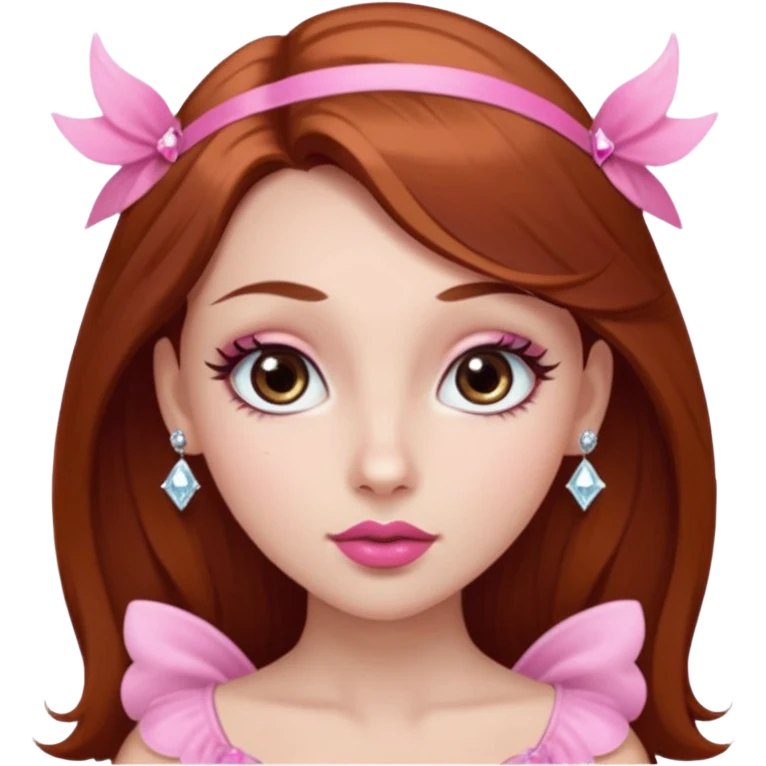 girl with fair skin, long straight reddish brown hair, big brown almond eyes, long eyelashes, thick dark eyebrows, straight nose, full pink lips with cupids bow, diamond face shape, clean girl aesthetic emoji