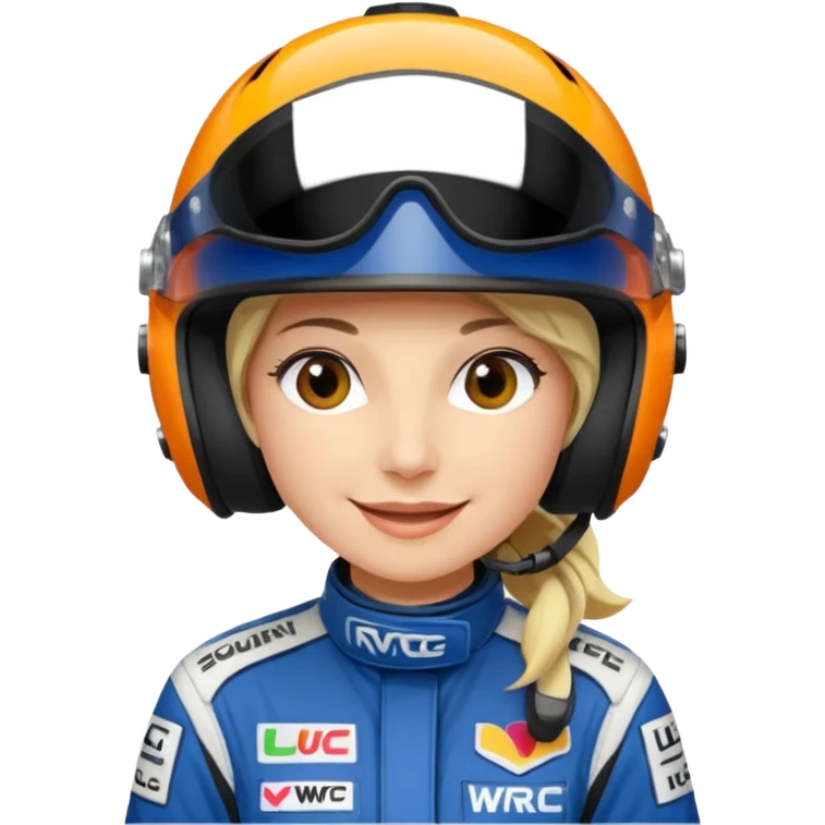Je souhaiterai un emoji d'une femme, pilote de rallye WRC qui porte un casque et une combinaison aux couleurs de la marque LU emoji