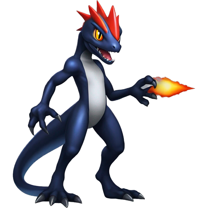 Black, Modern, Futuristic, Cool, Edgy, Badass Punk-style Garchomp-Charmeleon-Croconaw Fakémon-Digimon  full body emoji