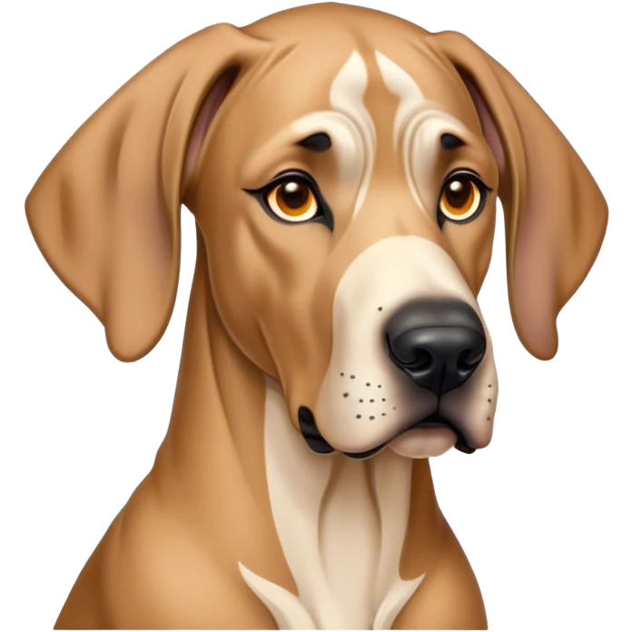 Cinematic Noble Fawn Great Dane Portrait Emoji, Poised and regal, with a towering, muscular build and a sleek, well-groomed solid fawn coat accented by subtle dark markings, deep-set soulful amber eyes, Simplified yet sharp and sophisticated features, highly detailed, glowing with a soft, dignified glow, high shine, intelligent and gentle, stylized with an air of majesty, focused and attentive, soft glowing outline, capturing the essence of a watchful and confident guardian, so majestic it feels as though it could stride out of the screen with effortless authority! emoji