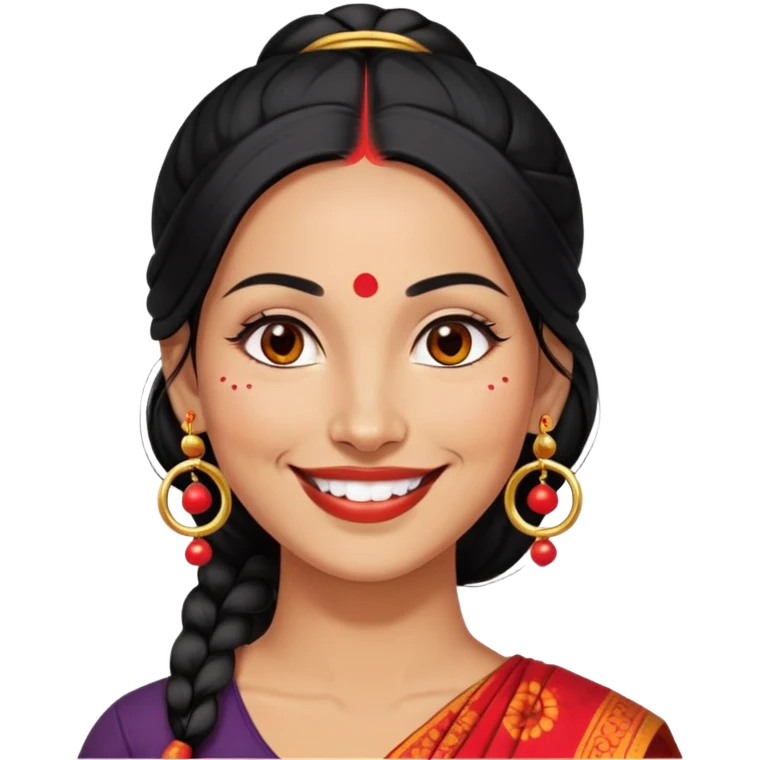 Phụ nữ 35 tuổi, da vàng, tóc buộc dài màu đen, có chấm đỏ bindi trên trán, mặt cười tươi, đeo khuyên tai tròn to bằng vàng, nửa thân trên emoji