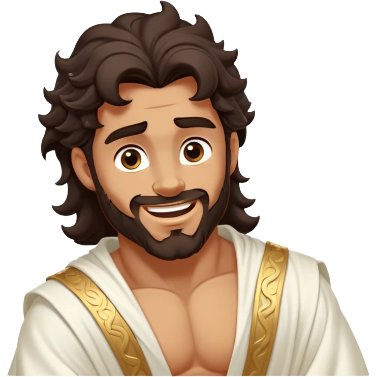 Cinematic Realistic Hercules Portrait, head tilted dramatically with an exaggeratedly amused expression, featuring expressive eyes and a hint of a roguish smile. His bronze, marble-like skin and thick, wavy dark hair, rendered with classical artistry, complement his flowing white robe adorned with delicate golden accents, all brought to life with dynamic natural lighting that captures a rare, playful moment from an enduring legend. emoji