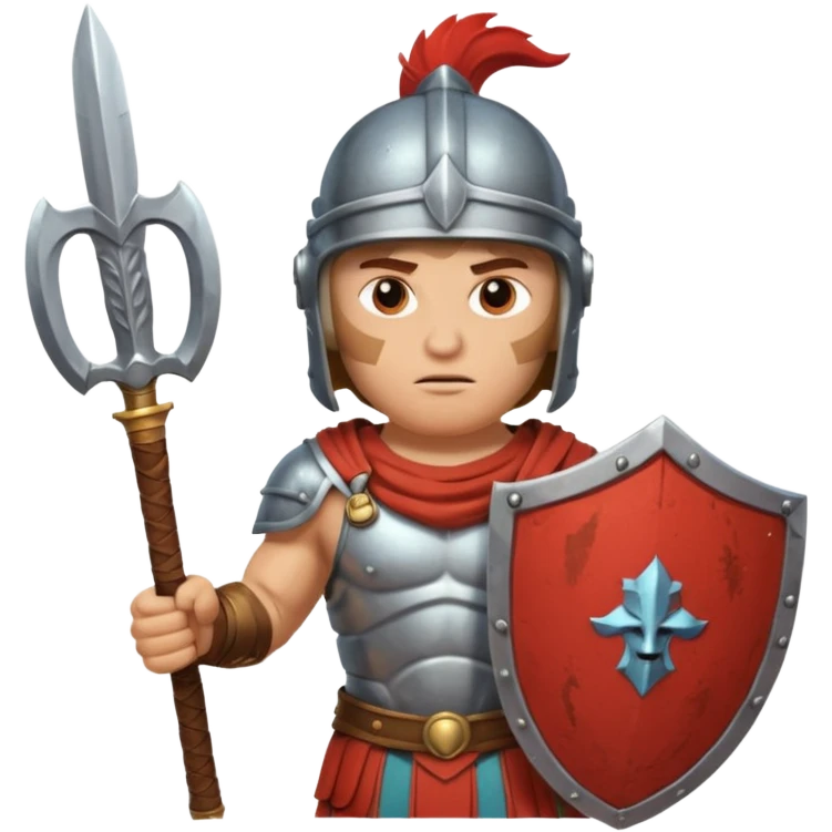 An emoji of the Roman god Mars. He is a warrior with a helmet and armor, holding a sword and shield, with a fierce expression. emoji