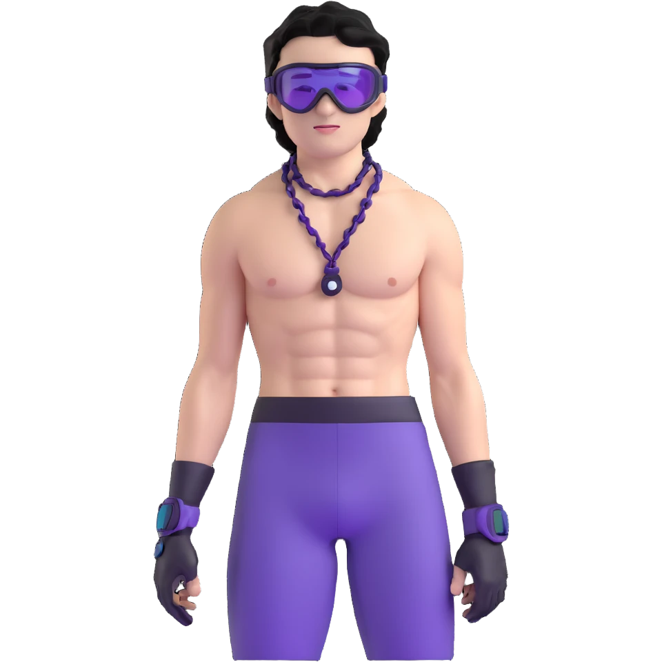 shirtless male athlete with white skin and moderately curly black hair on top with shaved sides, wearing purple ski goggles with black tinted lenses, and a simple plain black chain necklace, no earrings emoji