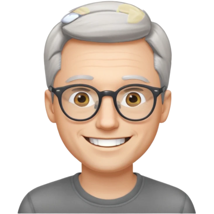 30 yr old pale white man, grey side swept hair, round glasses, big smile, white teeth, handsome, longer hair, thin glasses, no wrinkles emoji